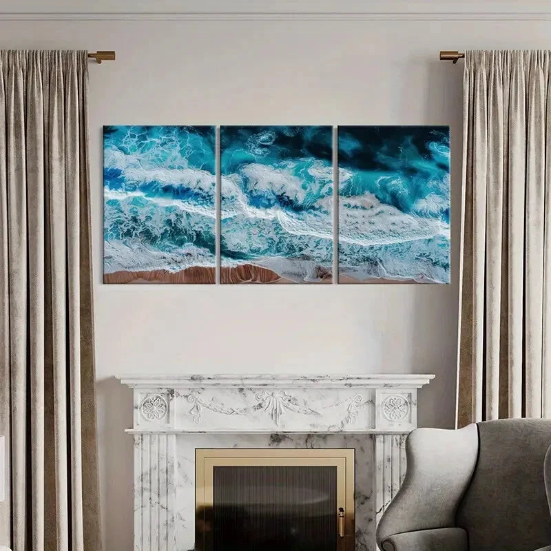 3pcs Turquoise Blue White Foam Abstract DesignMetal Print Ready to Hang Art - Bella Home Decor