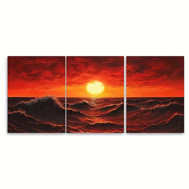 3pcs Red and Orange Sky Ocean Waves, Metal Print Ready to Hang Art