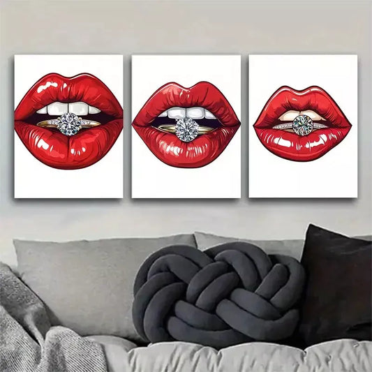 3pcs Glamorous Red Lips with Diamond Ring Wall Art Set Canvas Framed 40x60cm - High Quality Print 100% Australian Made Wall Canvas Ready to Hang