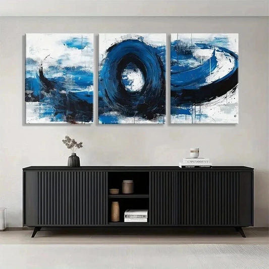 3pcs Abstract Blue and Black Swirl Perfect Wall Art Set Canvas Framed 50x70cm - High Quality Print 100% Australian Made Wall Canvas Ready to Hang