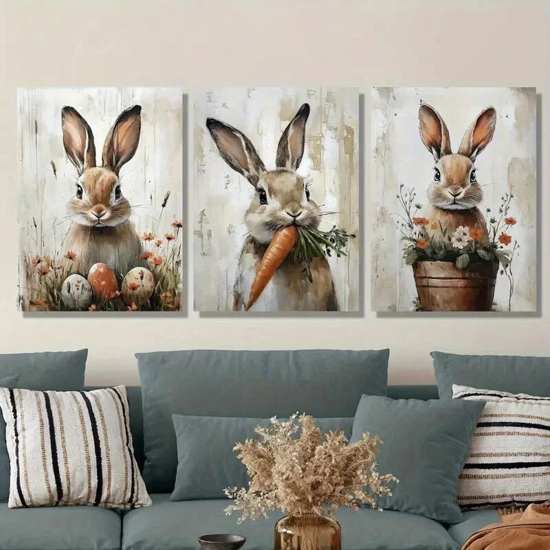 3pcs Charming Rabbit Carrot & Floral Designs Metal Print Ready to Hang Art - Bella Home Decor
