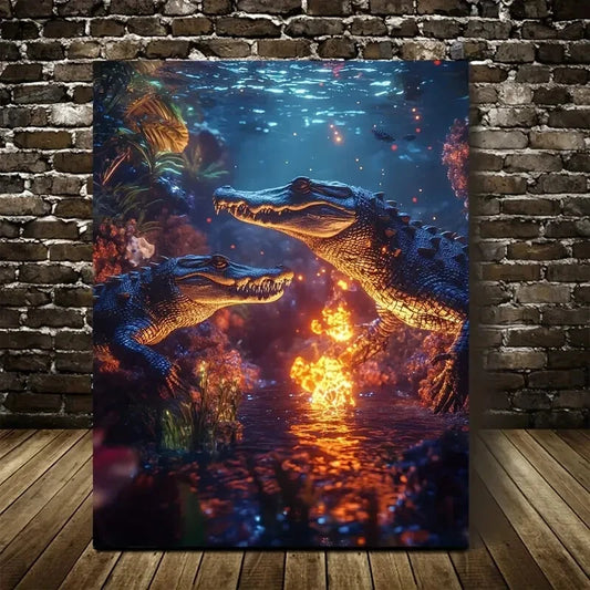 Dreamlike Underwater Crocodile Scene With Glowing 40x60cm Metal Print Ready to Hang - Bella Home Decor