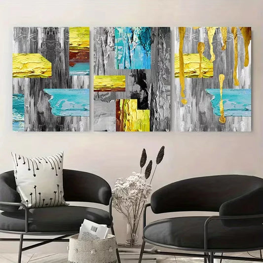 3pcs Yellow And Blue, Featuring Geometric Metal Print Ready to Hang Art