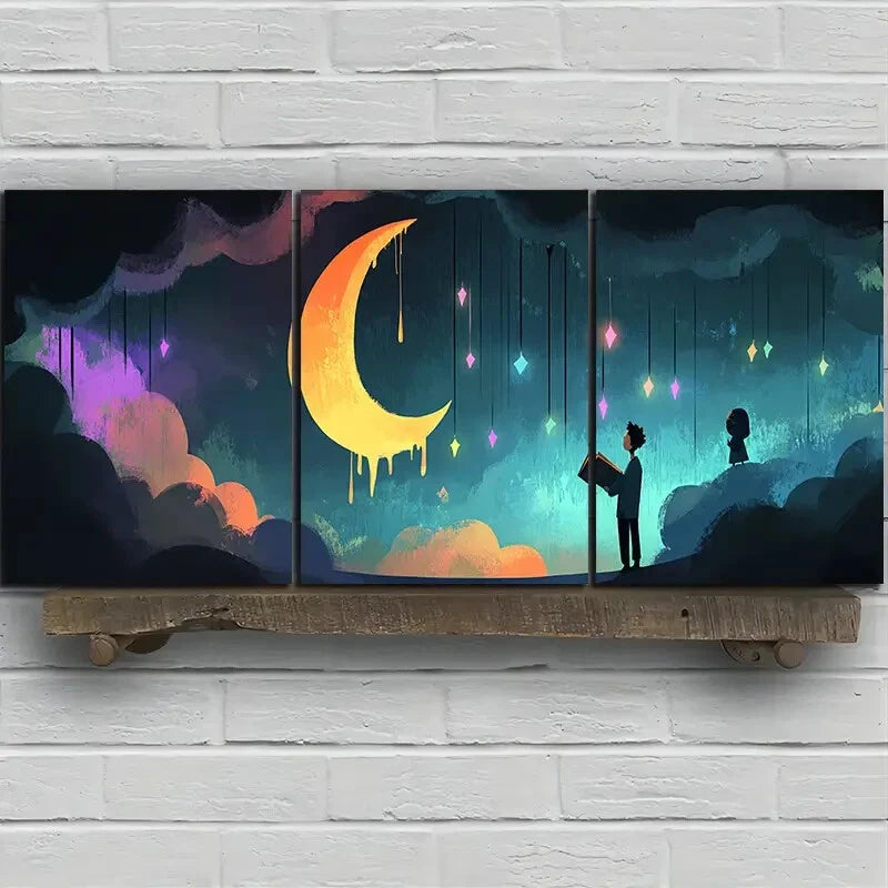 3pcs People Read Under The Moon Metal Print Ready to Hang Art - Bella Home Decor