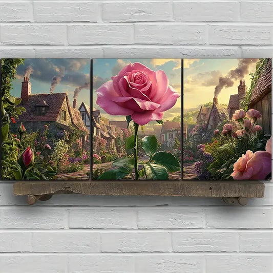 3pcs Rose in the Rain Nature Scenery Metal Print Ready to Hang Art