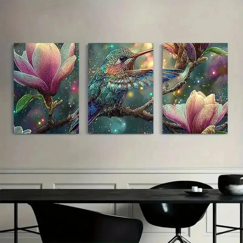 3pcs Vibrant Hummingbird & Magical Effects Metal Print Ready to Hang Art - Bella Home Decor