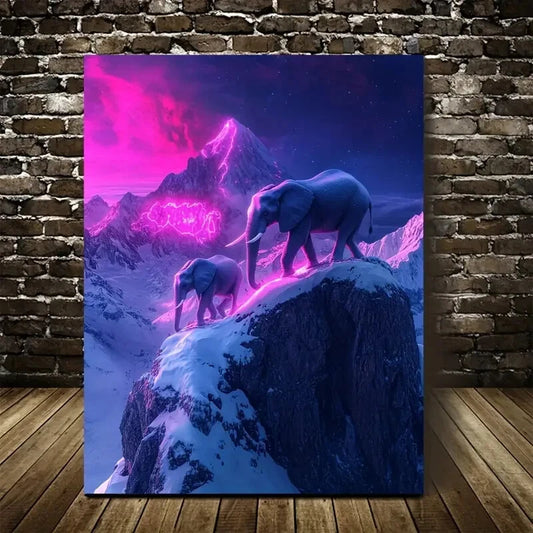 Realistic Neon Glow Elephants on Snowy Painting 40x60cm Metal Print Ready to Hang - Bella Home Decor