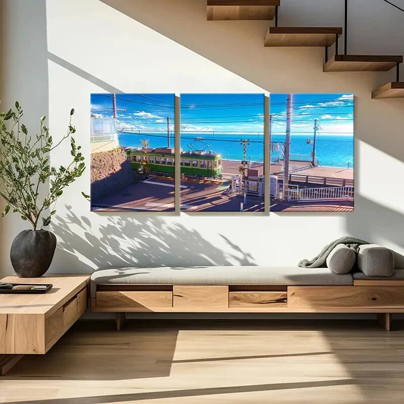 3pcs Seaside Town Landscape & Tram Wall Art Set Canvas Framed 50x70cm - High Quality Print 100% Australian Made Wall Canvas Ready to Hang - Bella Home Decor