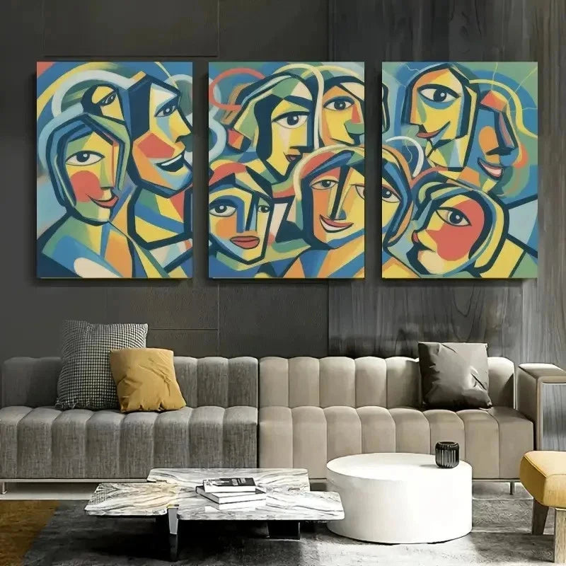 3pcs Abstract Faces, Geometric Shapes  Wall Art Canvas  Wall Art Set Canvas Framed 40x60cm - High Quality Print 100% Australian Made Wall Canvas Ready to Hang - Bella Home Decor