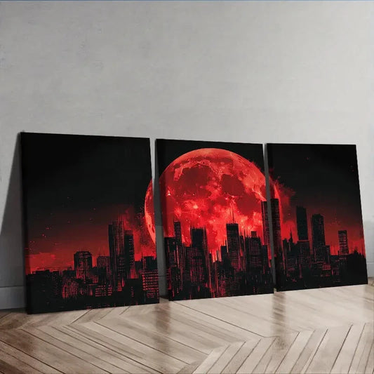 3pcs Big Red Moon Over Cityscape Wall Art Set Canvas Framed 40x60cm - High Quality Print 100% Australian Made Wall Canvas Ready to Hang