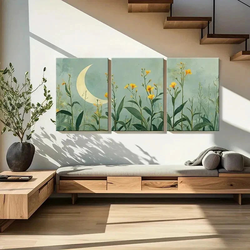 3pcs Moonlit Floral Garden Yellow Flowers Metal Print Ready to Hang Art - Bella Home Decor