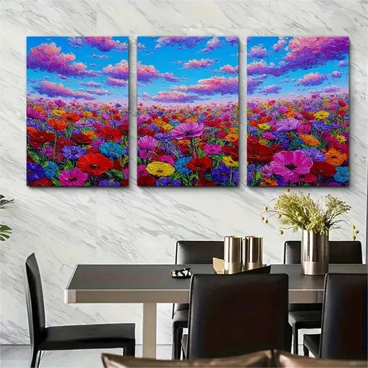 3pcs Colorful Flower Field Painting Perfect Wall Art Set Canvas Framed 50x70cm - High Quality Print 100% Australian Made Wall Canvas Ready to Hang