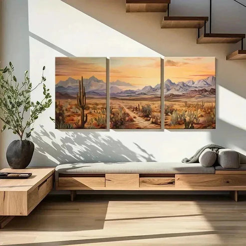 3pcs Cactus Mountains Sunset Orange Sky Wall Art Canvas Unframed - High Quality Print 100% Australian Made Wall Canvas - Bella Home Decor
