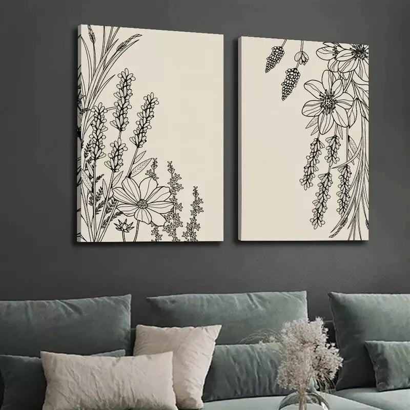 2pcs lack Abstract Line Plant & Flower, Minimalist Art Canvas Framed 50x75cm - High Quality Print 100% Australian Made Wall Canvas Ready to Hang - Bella Home Decor