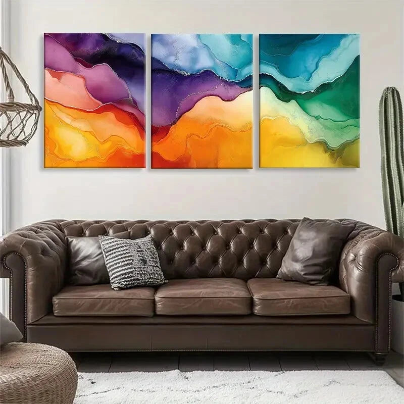 3pcs Vibrant Abstract Fluid Orange Blue & Green Metal Print Ready to Hang Art - Bella Home Decor