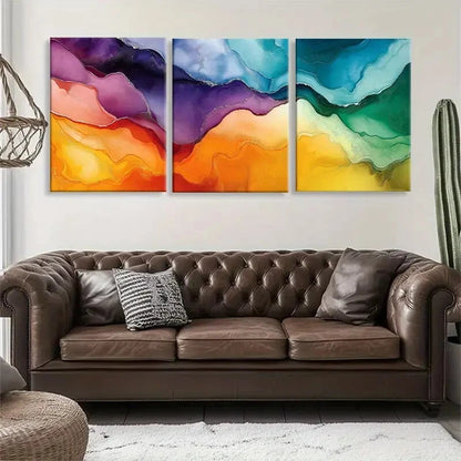 3pcs Vibrant Abstract Fluid Orange Blue & Green Metal Print Ready to Hang Art - Bella Home Decor