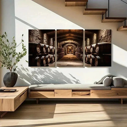 3pcs Wine Barrels Stone Walls Decoration Wall Art Set Canvas Framed 40x60cm - High Quality Print 100% Australian Made Wall Canvas Ready to Hang - Bella Home Decor