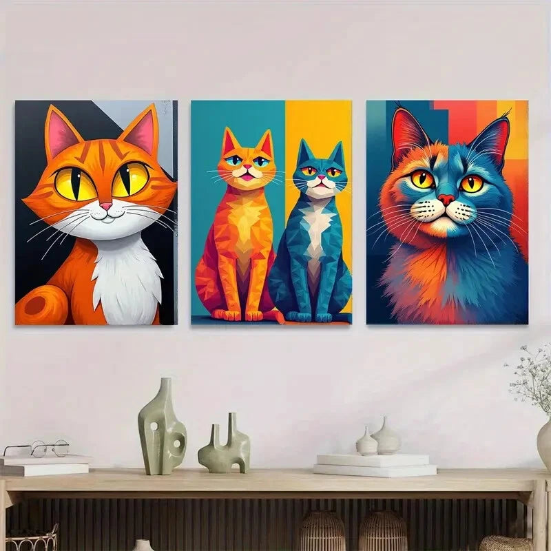 3pcs Colorful Cat Vibrant Animal Paintings Metal Print Ready to Hang Art