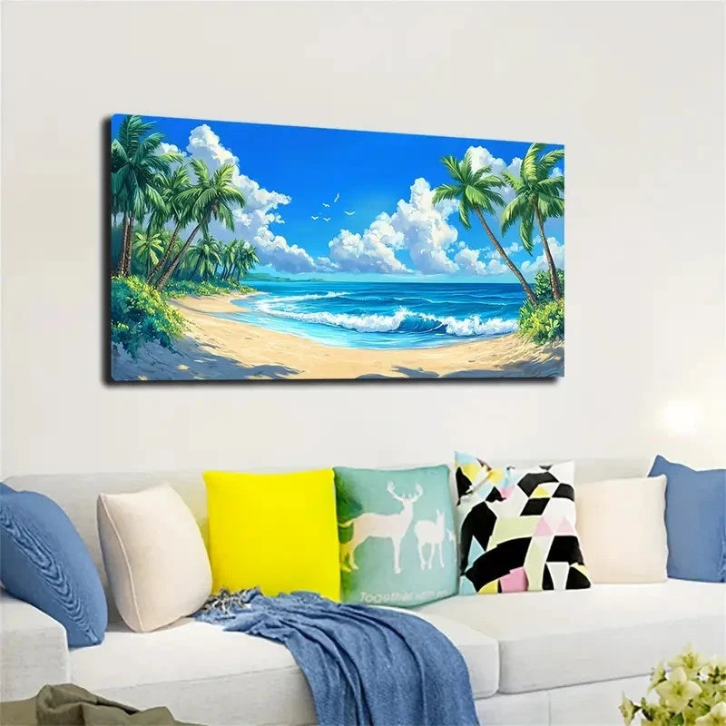 Tropical Beach Scene with Palm Wall Art canvas office home room framed 120x60cm - Bella Home Decor