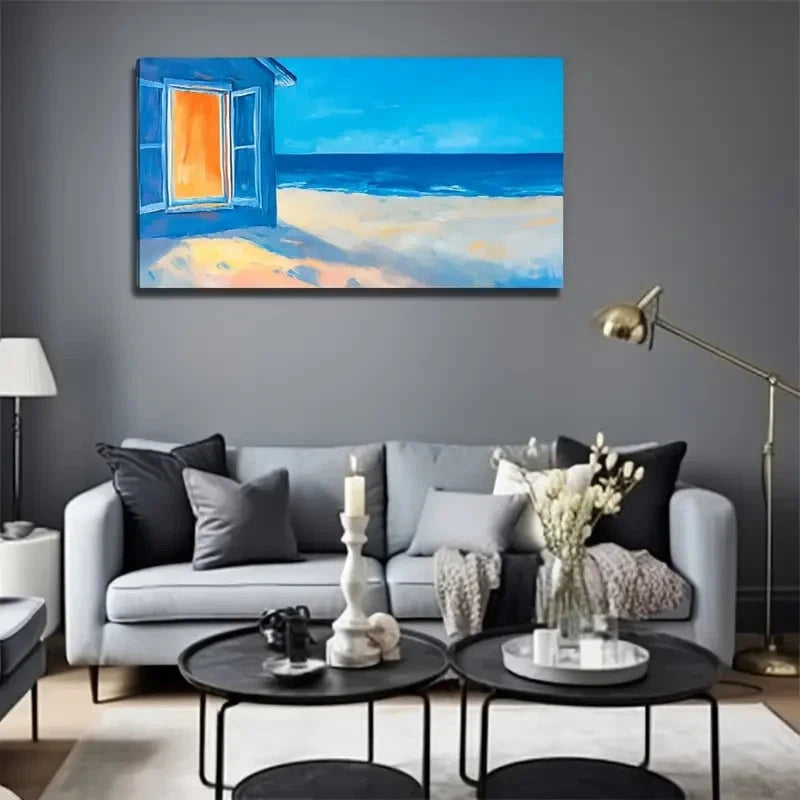 Coastal Open Window Beach Wall Art Canvas Office Home Room Framed 120x60cm