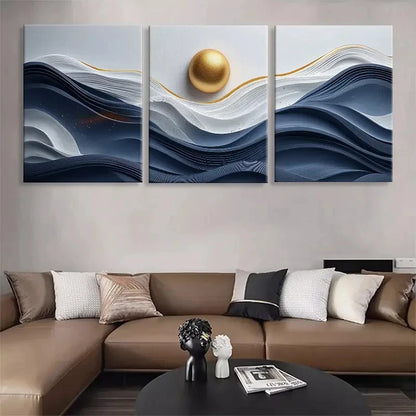 3pcs Blue and Golden Tones Waves Metal Print Ready to Hang Art - Bella Home Decor
