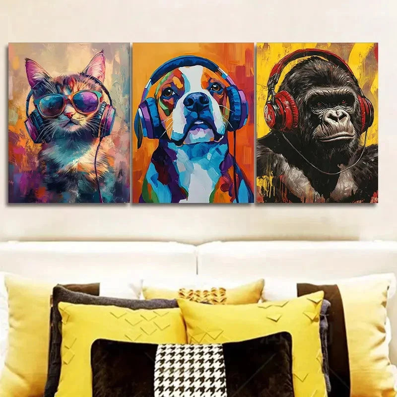 3pcs The Animals Are Listening To The Music  Wall Art Set Canvas Framed 60x90cm - High Quality Print 100% Australian Made Wall Canvas Ready to Hang