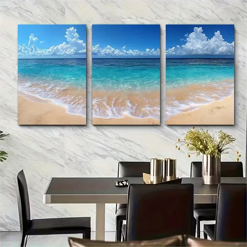 3pcs White Sand Blue Ocean Metal Print Ready to Hang Art - Bella Home Decor