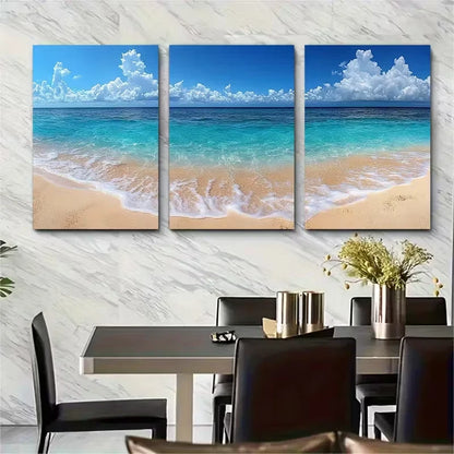 3pcs White Sand Blue Ocean Metal Print Ready to Hang Art - Bella Home Decor