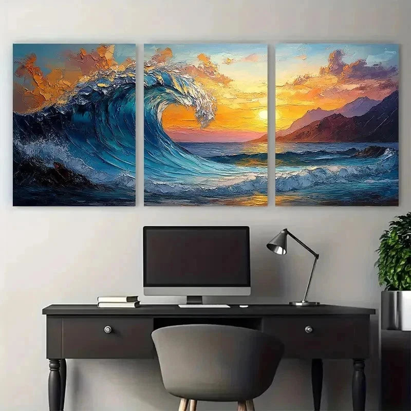 3pcs Ocean Wave Bright Textured Sunset Perfect Wall Art Set Canvas Framed 50x70cm - High Quality Print 100% Australian Made Wall Canvas Ready to Hang - Bella Home Decor