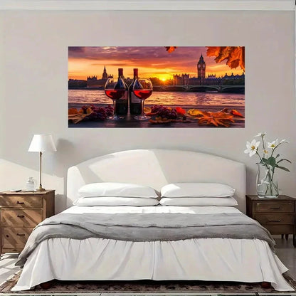 London Sunset Wine Glasses Wall Art Canvas Office Home Room Framed 120x60cm