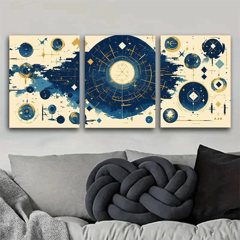 3pcs Blue and Yellow Celestial Design Metal Print Ready to Hang Art - Bella Home Decor