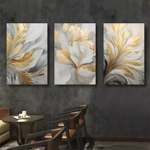 3pcs Golden and White leaf Abstract Wall Art Set Canvas Unframed - High Quality Print 100% Australian Made Wall Canvas - Bella Home Decor