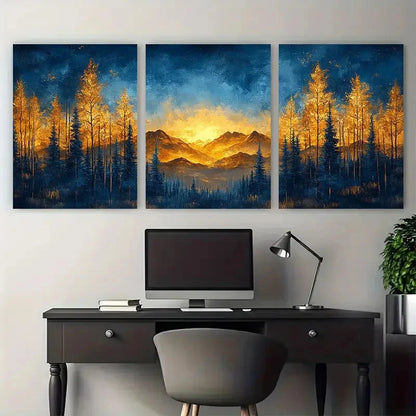 3pcs Ethereal Golden Forest Canvas Abstract Blue Wall Art Set Canvas Framed 40x60cm - High Quality Print 100% Australian Made Wall Canvas Ready to Hang - Bella Home Decor