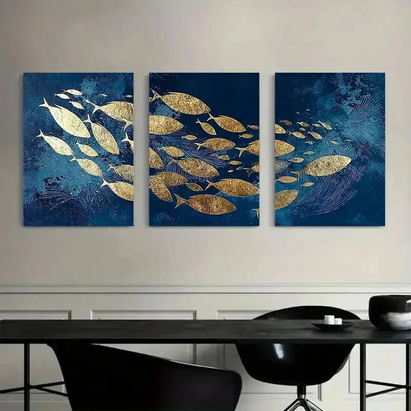 3pcs School of Fish in Navy Blue with Golden Foil Metal Print Ready to Hang Art - Bella Home Decor