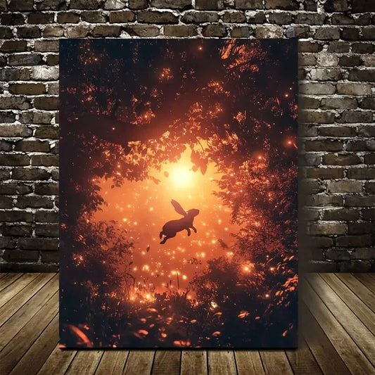 Rabbit Jumping Joyfully Under Glowing Painting 40x60cm Metal Print Ready to Hang - Bella Home Decor