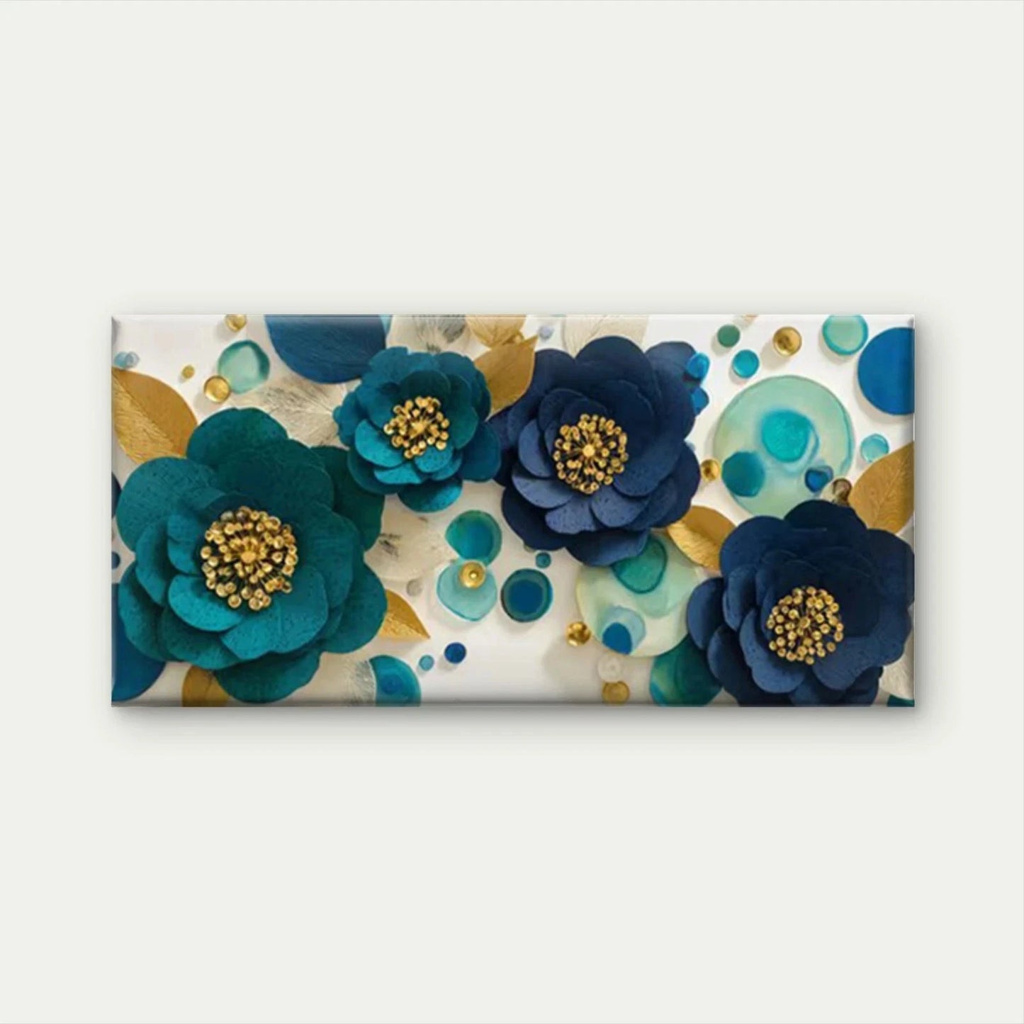 Floral Navy & Golden Accent Wall Art Canvas Office Home Room Framed 120x60cm