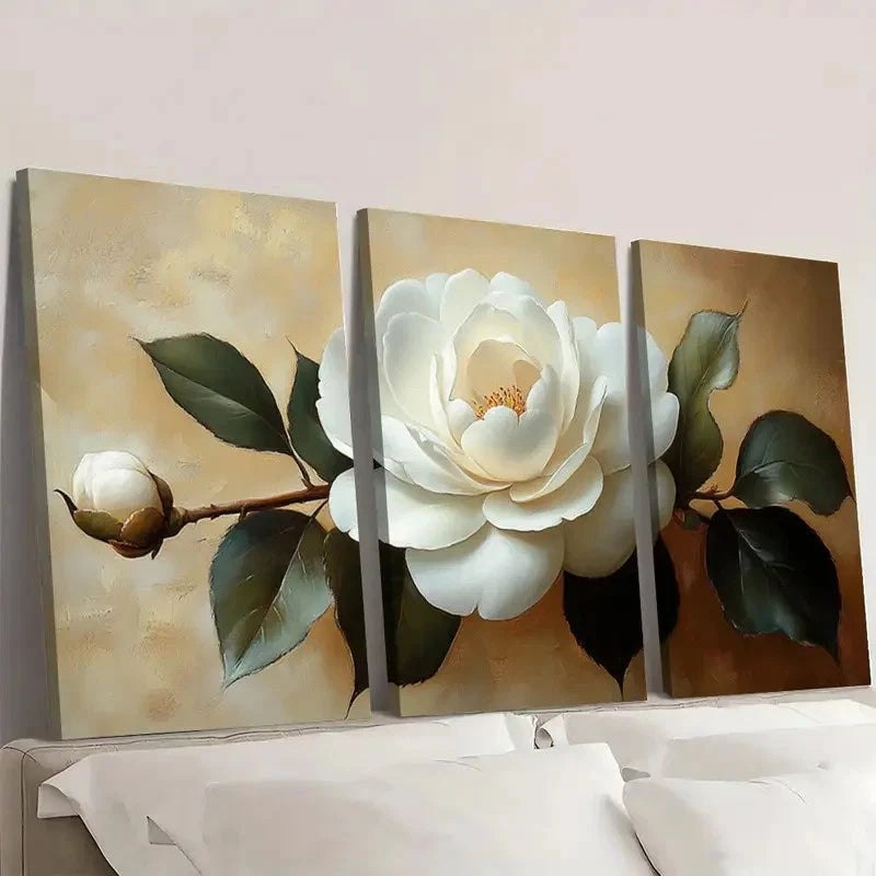 3pcs White Camellia Elegant Floral C    Wall Art Set Canvas Framed 60x90cm - High Quality Print 100% Australian Made Wall Canvas Ready to Hang - Bella Home Decor