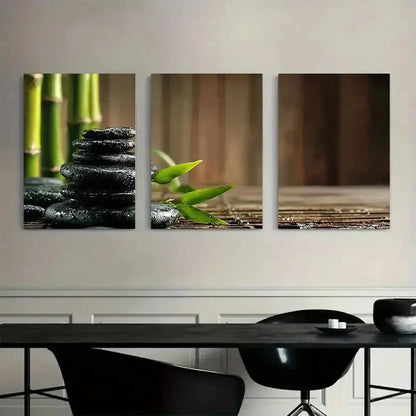 3pcs Black Zen Stones with Bamboo Painting Metal Print Ready to Hang Art - Bella Home Decor