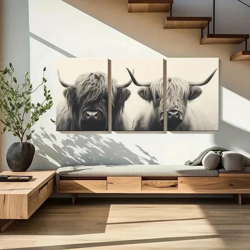 3pcs Highland Cattle Vintage Painting Wall Art Set Canvas Unframed - High Quality Print 100% Australian Made Wall Canvas - Bella Home Decor