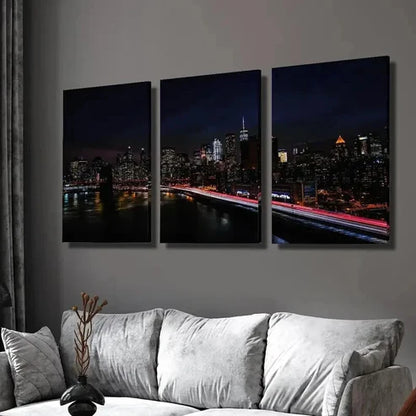 3pcs New York City Night Skyline Decor Wall Art Set Canvas Unframed - High Quality Print 100% Australian Made Wall Canvas