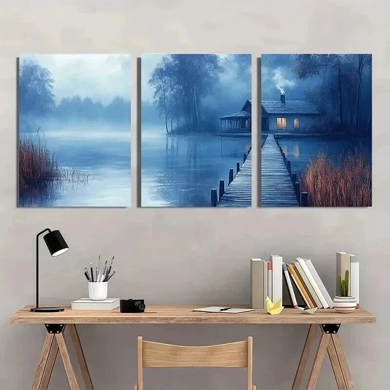 3pcs Misty Country House Near a Lake Wall Art Set Canvas Framed 50x70cm - High Quality Print 100% Australian Made Wall Canvas Ready to Hang - Bella Home Decor