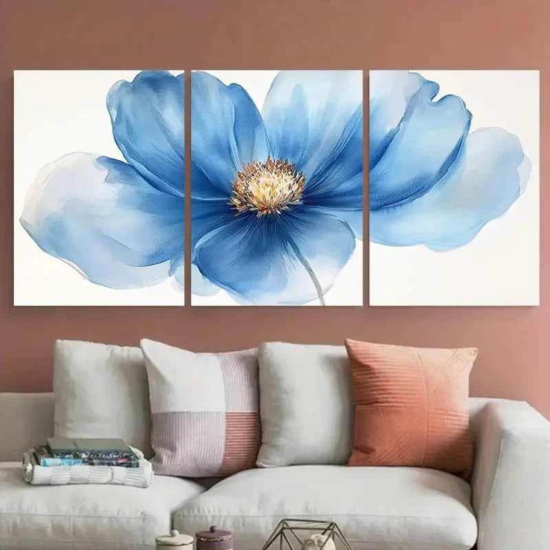 3pcs Blue Abstract Watercolor Flower Nature Metal Print Ready to Hang Art - Bella Home Decor