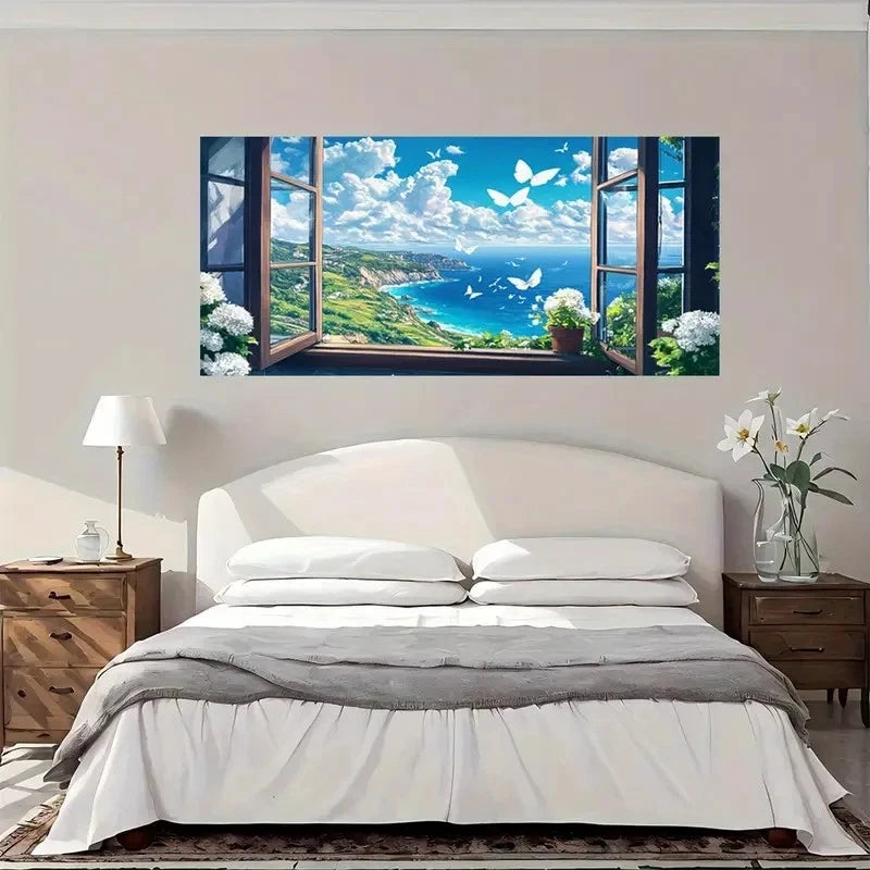 Ocean View Butterflies Blue Sky Wall Art Canvas Office Home Room Framed 120x60cm