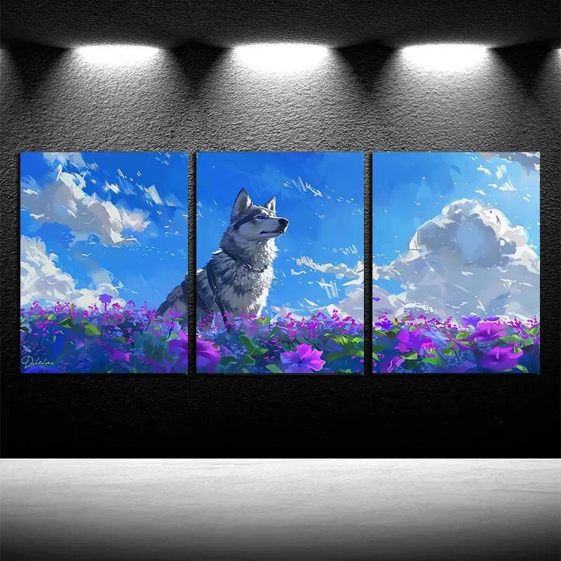 3pcs Vibrant Husky in The Flower Field with Sky Metal Print Ready to Hang Art - Bella Home Decor