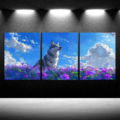 3pcs Vibrant Husky in The Flower Field with Sky Metal Print Ready to Hang Art - Bella Home Decor