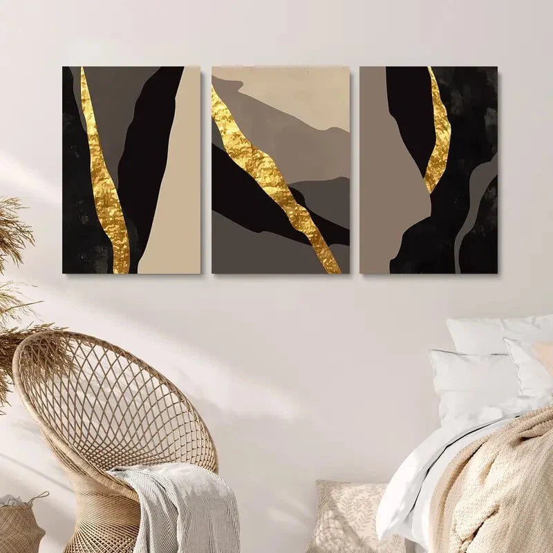 3pcs Abstract Golden Texture Painting Metal Print Ready to Hang Art - Bella Home Decor
