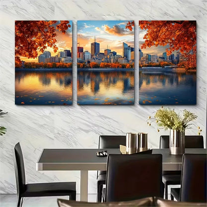 3pcs Autumn Foliage & Skyscraper Skyline Metal Print Ready to Hang Art
