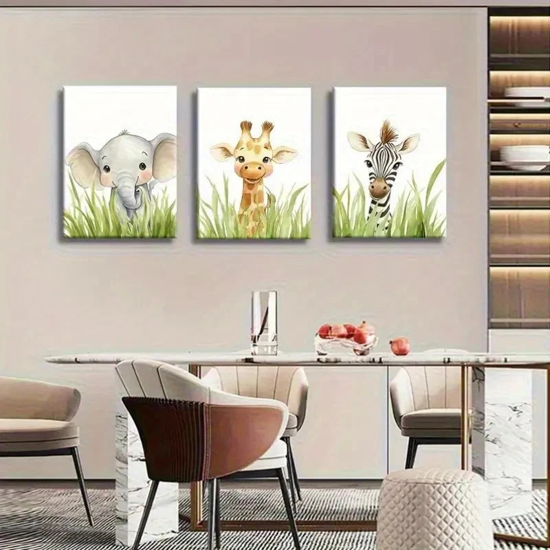 3pcs Cute Wildlife Elephant Giraffe Zebra Metal Print Ready to Hang Art - Bella Home Decor