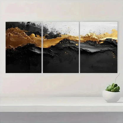 3pcs Black and White with Golden Splashes Metal Print Ready to Hang Art - Bella Home Decor