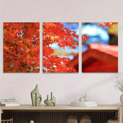 3pcs Autumn Red Maple Leaves Triptych Wall Art Set Canvas Framed 50x70cm - High Quality Print 100% Australian Made Wall Canvas Ready to Hang